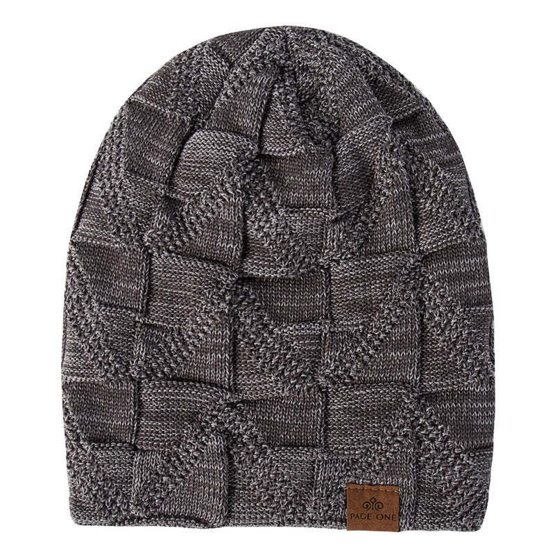 PAGE ONE Mens Winter Slouchy Beanie Warm Fleece Lined Skull Cap Baggy Cable Knit Hat Gray - Image 3